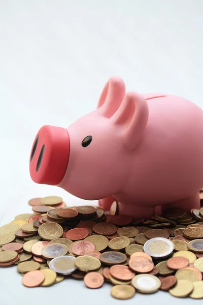 Banco porquinho em uma pilha de dinheiro — Fotografia de Stock