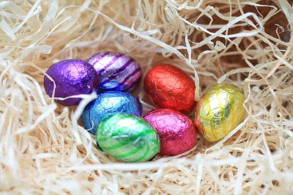 Chocolate eggs in a nest — Stock Photo, Image