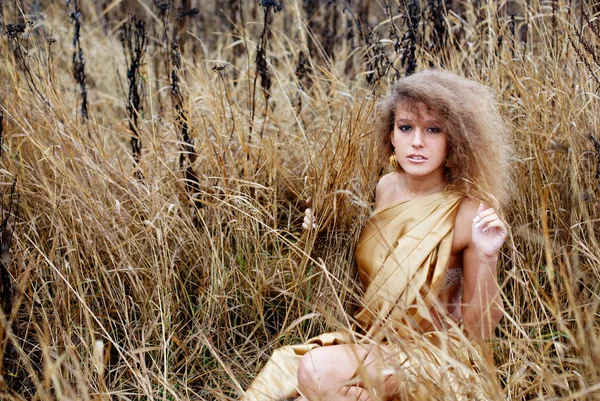 Krásná žena na podzimní pole — Stock fotografie