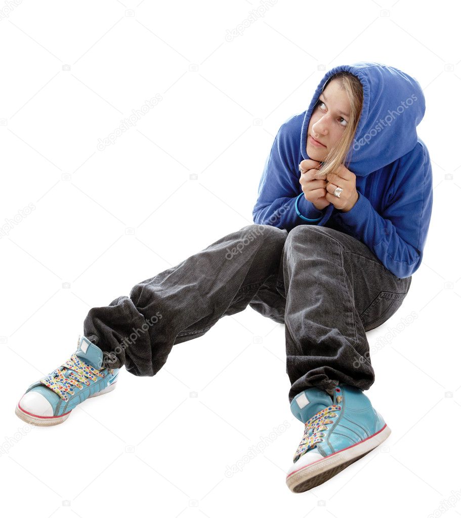 Frightened girl in a blue hooded jacket