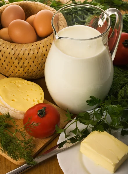 Rural still-life with milk and greens — Stock Photo, Image
