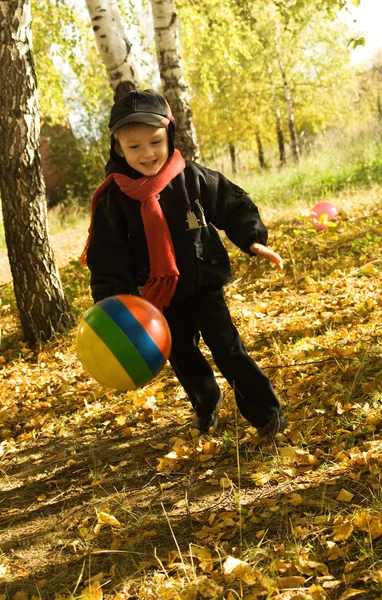 Menino com bola no parque de outono — Fotografia de Stock