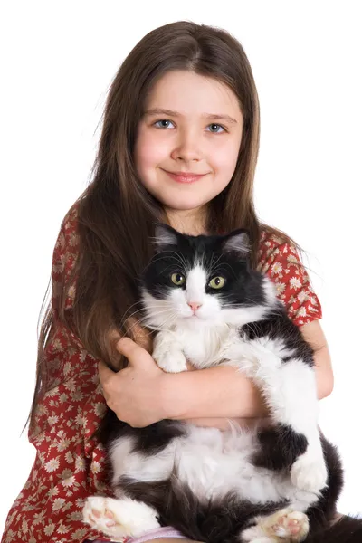어린 소녀와 솜 털 고양이 — 스톡 사진