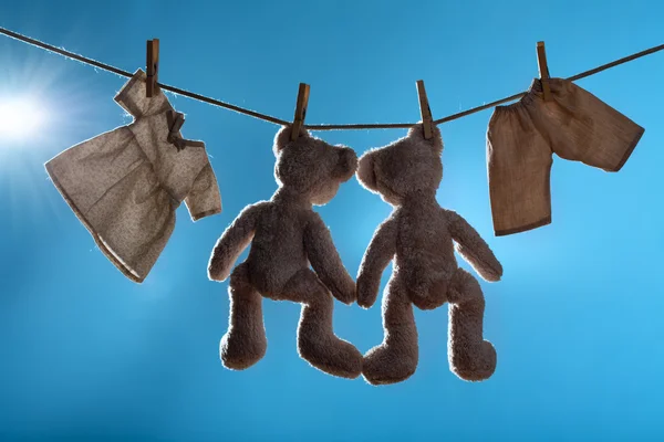 Iki oyuncak ayılar bir kordon üzerinde — Stok fotoğraf
