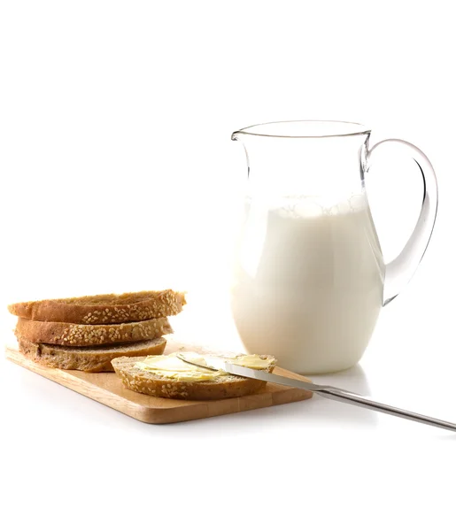 Bread and milk for breakfast — Stock Photo, Image