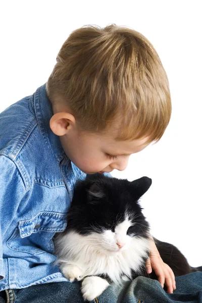 Küçük çocuk ve kedi — Stok fotoğraf