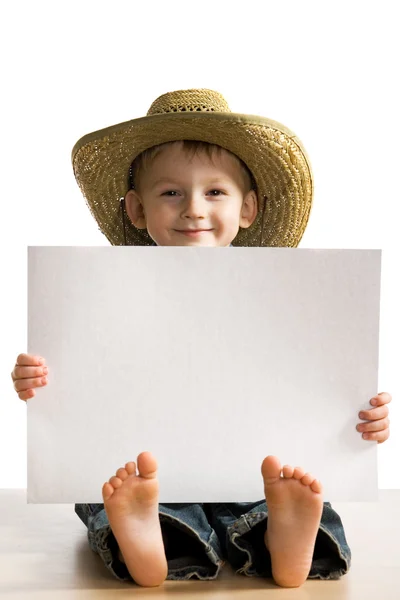 Little fun boy with a white sheet — Stock Photo, Image