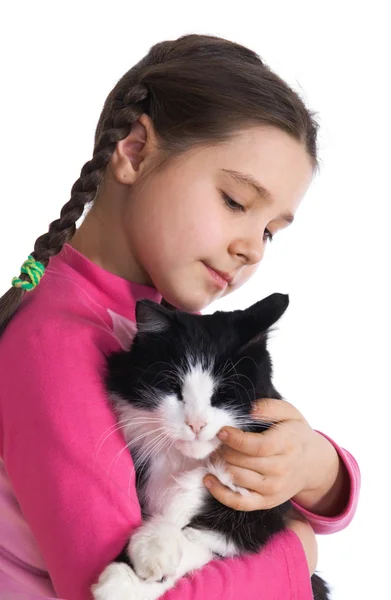 Kabarık kedi ile genç kız — Stok fotoğraf