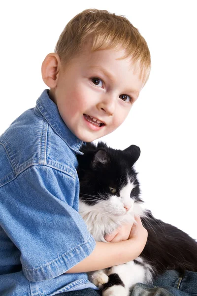 Niño y gato esponjoso — Foto de Stock