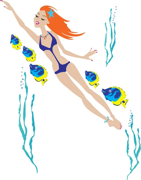 Hermosa chica nadando en el mar — Vector de stock