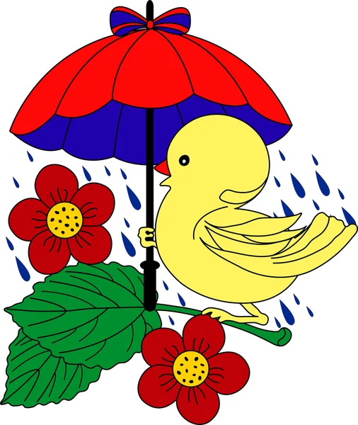 Kleine Ente unter Regenschirm im Regen — Stockvektor