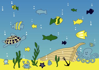 Ocean, sea life and sink broken ship clipart