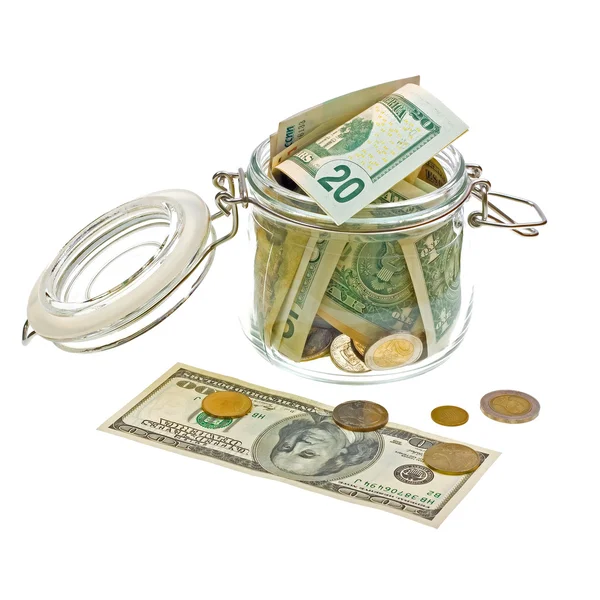 Διαφορετικά χρήματα σε γυάλινο βάζο — Φωτογραφία Αρχείου
