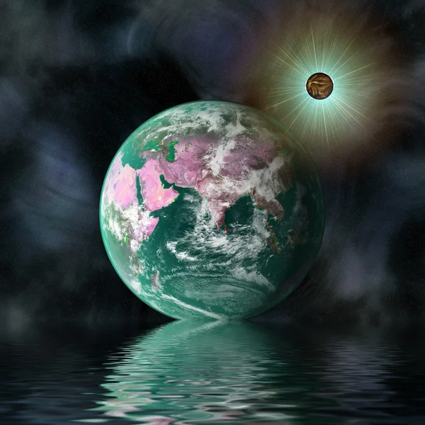 Planet in space with reflection in water — Stock Photo, Image