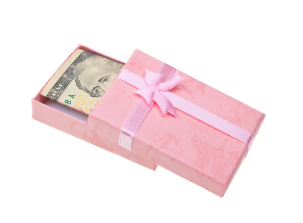 Růžový dárek s bankovkami, peníze — Stock fotografie