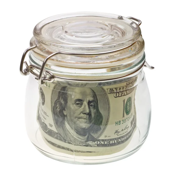 Peníze do skleněné nádoby, izolované na bílém — Stock fotografie