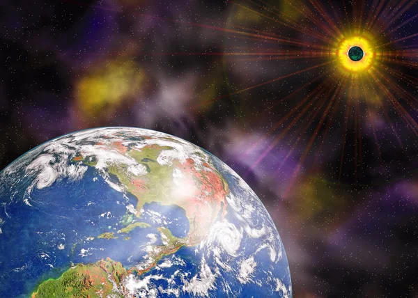 Sol i rymden och jorden blå planet — Stockfoto
