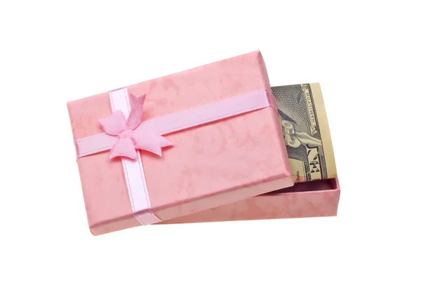 Mooi roze geschenk met geld bankbiljetten — Stockfoto