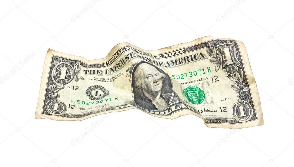 One wrinkled dollar isolated on white