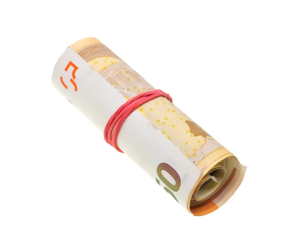 Money roll with euro bills on white — Stock Photo, Image