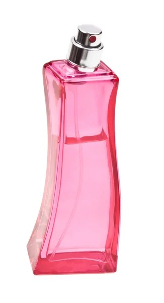 Frasco de perfume rosa no branco — Fotografia de Stock