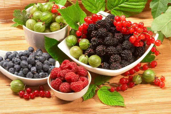 Berries in plates, among green leave — Stock Photo, Image