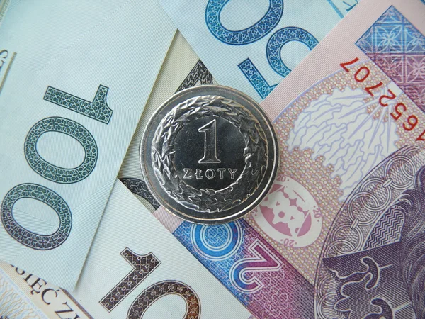 Polish coin on cash — Stock Photo, Image