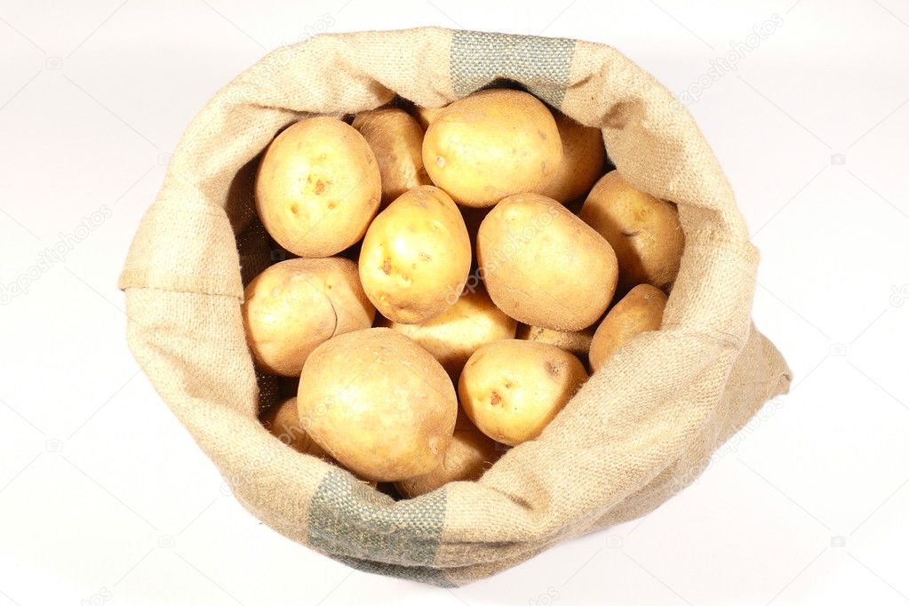 Bag with potatoes on white