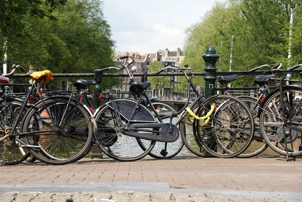 Fietsen op de brug in amsterdam — Stockfoto
