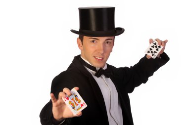 Young magician performing with cards clipart