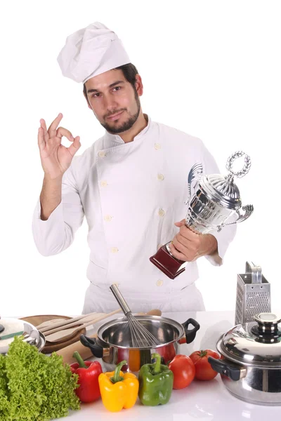 Jovem chef com troféu — Fotografia de Stock