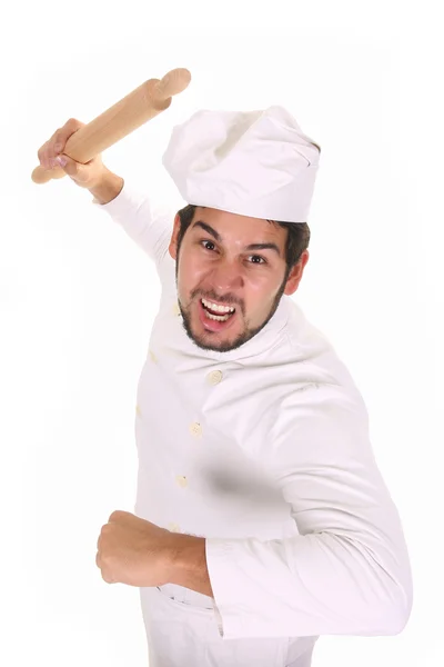Chef fou avec rouleau à pâtisserie — Photo