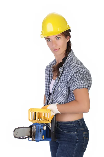 Beauty woman with chainsaw — Stock Photo, Image