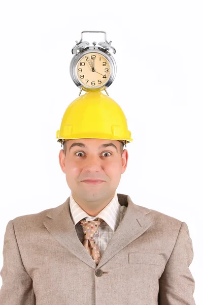 Hombre de negocios despertador de reloj en su cabeza —  Fotos de Stock