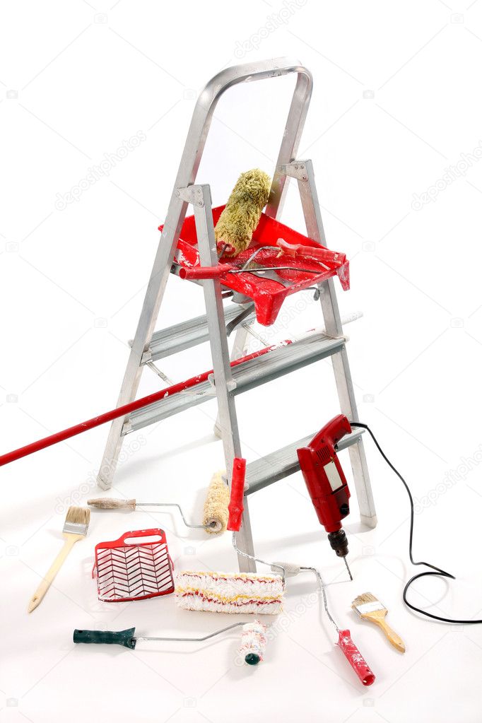 Paint roller, brushes, borer and ladder`