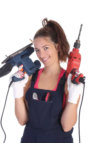 Beauty woman with auger and sander — Stock Photo, Image