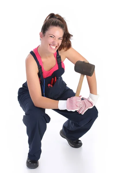 Mulher com martelo de borracha preta — Fotografia de Stock