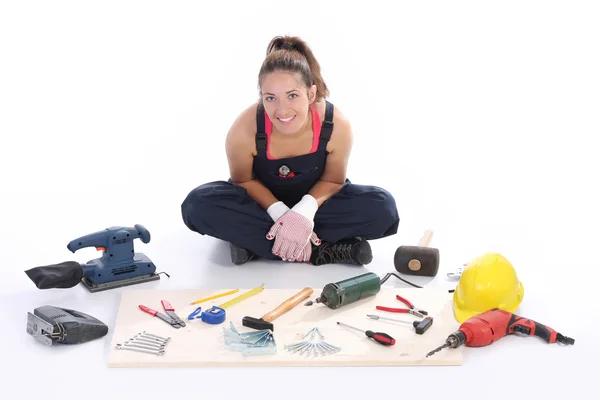 Woman carpenter with work tools — Stock Photo, Image