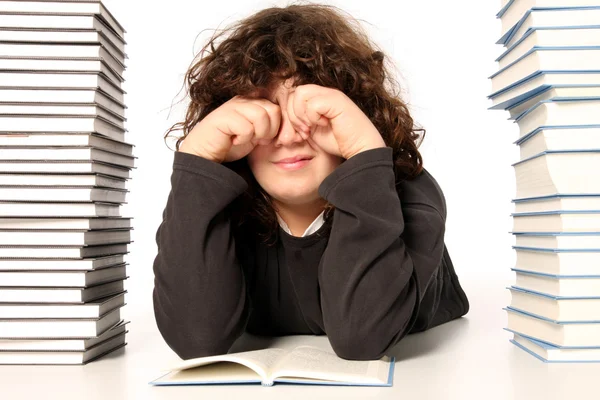 Boy crying and and many books — Stock Photo, Image