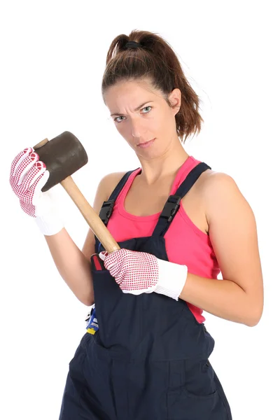 Woman with black rubber mallet — Stock Photo, Image