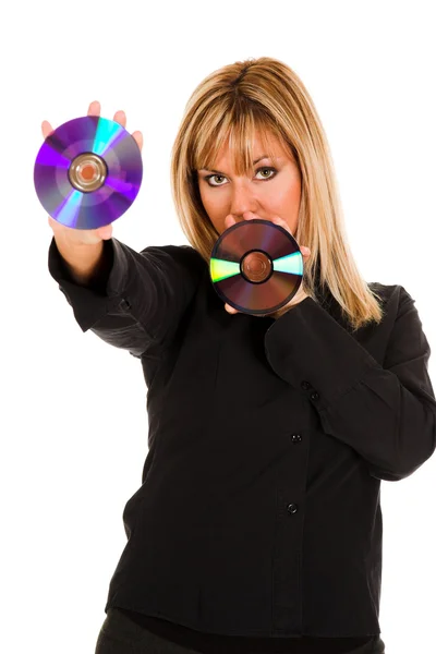 Vrouw bedrijf compactdisc — Stockfoto