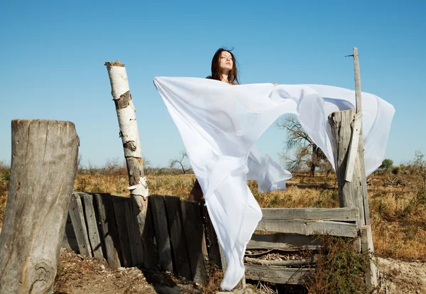 O modelo de menina desnudada abaixo de um véu branco — Fotografia de Stock