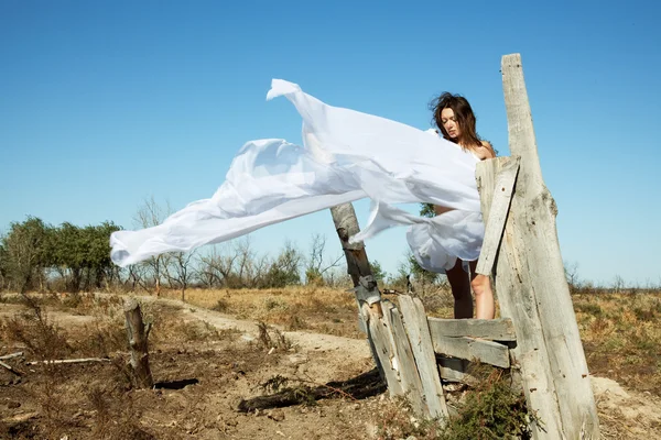 Het bared meisje model onder een witte sluier — Stockfoto