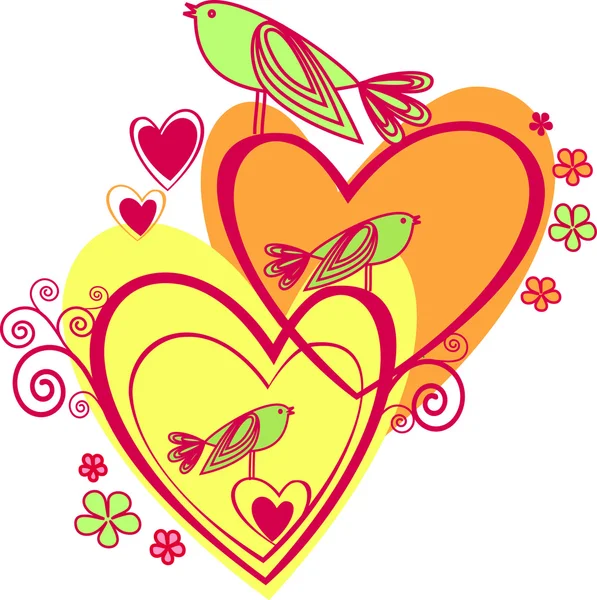 Aşk: iki kalp ve kuşlar — Stok Vektör