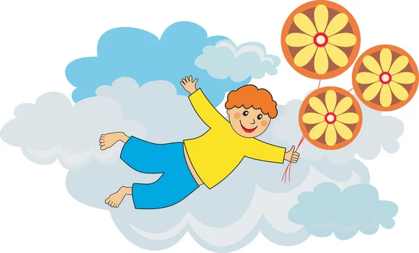 Літаючий хлопчик на повітряних кулях — стоковий вектор