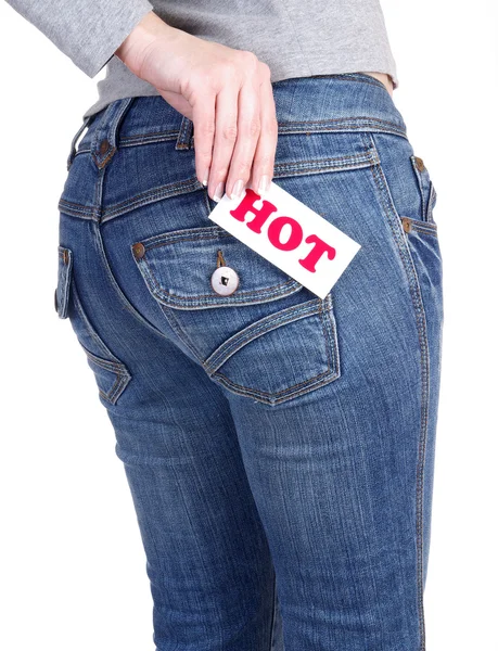 Dżinsy z etykieta gorący — Zdjęcie stockowe