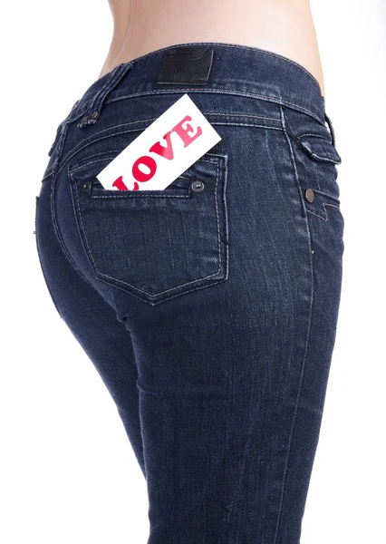 Bolso de calça com etiqueta amor — Fotografia de Stock