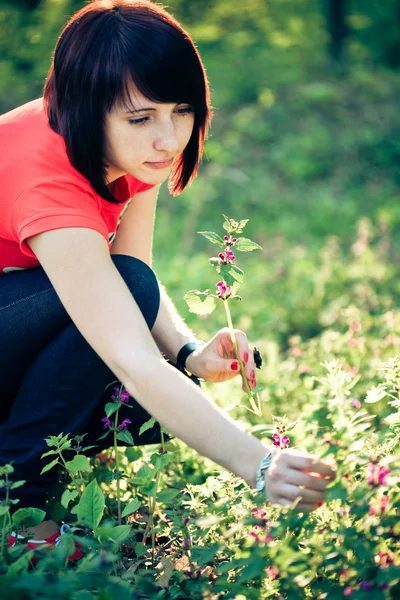 Mujer bonita sosteniendo flores de primavera —  Fotos de Stock
