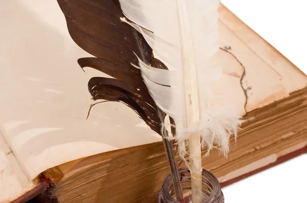 Könyvek és a tollszár csomók és a festék is — Stock Fotó