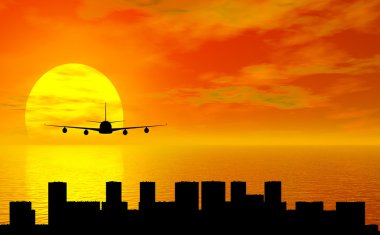 Sunset with airplane and city silhouette clipart